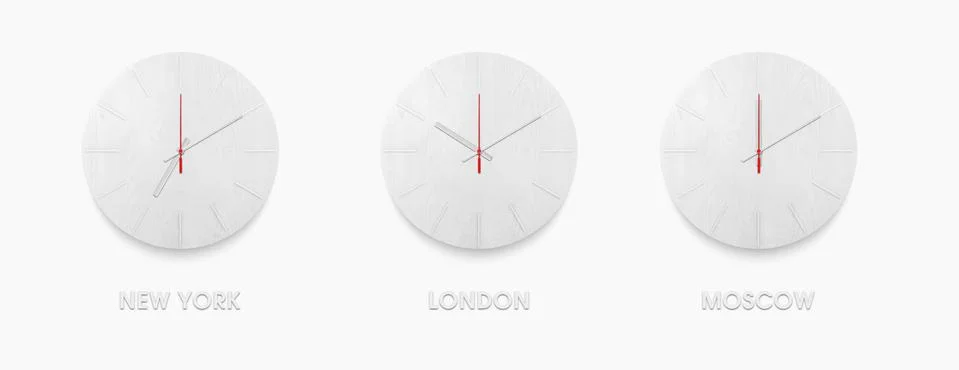 Set of stylish white clock for time zones different cities. white watch on a Stock Illustration