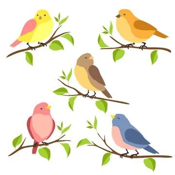 Set of stylized birds sitting on branches. Image of birdie in simple style. Stock Illustration