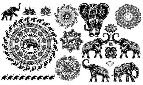 Set of stylized decorative elephants Stock Illustration