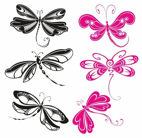 Set of stylized dragonflies. Collection of linear flying dragonflies. Stock Illustration