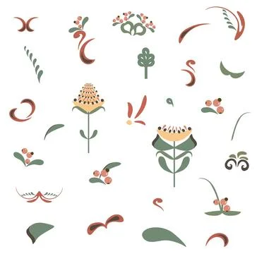 A set of stylized elements reminiscent of ancient Russian painting, in the .. Stock Illustration