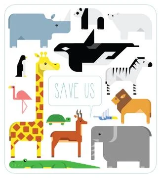 Set of stylized endangered animals crying out to save them Stock Illustration