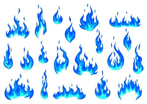 Set of stylized fire or flames. Burning blue magic fire or bonfire. Illustrazione stock