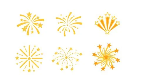 Set of stylized firework icons exploding with bright yellow sparks and stars on Stock Illustration