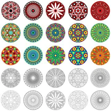 Set of stylized geometric round flowers Stock Illustration