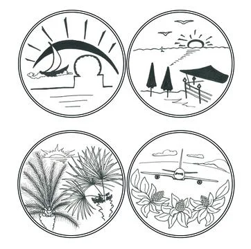 Set of stylized graphic summer romantic seaside resort elements Stock Illustration