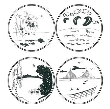 Set of stylized graphic summer romantic landscapes in circle frames Stock Illustration
