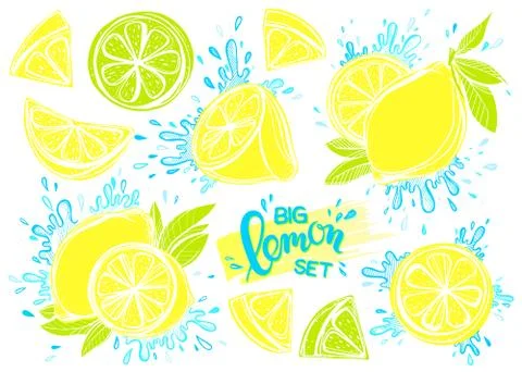 Set of stylized hand drawn lemons Stock Illustration