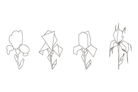 A set of stylized iris flower, origami, vector illustration. Illustrazione stock