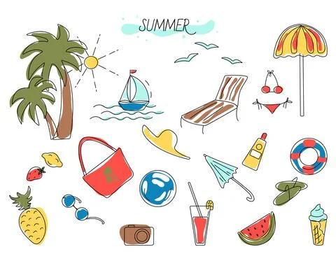 A set of stylized items for a beach holiday. Vector illustration Stock Illustration
