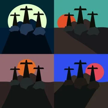 Set of stylized landscapes with three crosses Stock Illustration