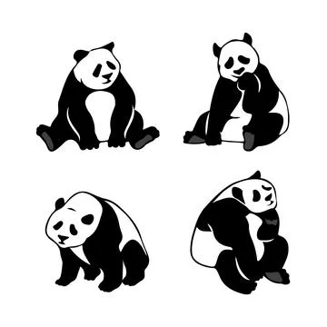 Set of stylized panda bears, vector silhouettes. Stock Illustration