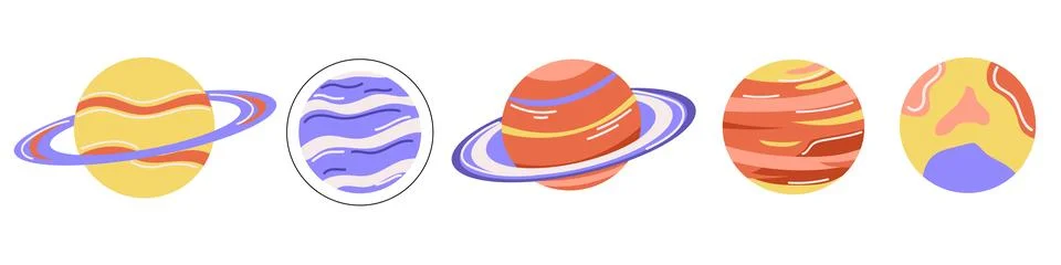 Set of stylized planets, space, saturn, jupiter, study planets, vector in d.. Stock Illustration