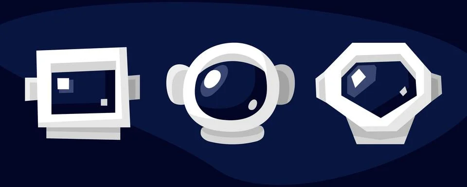 Set of stylized spacesuit helmets - square, round and hexagon. Visor. Colored Stock Illustration