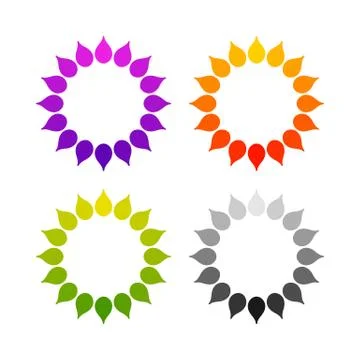 Set of stylized sun logo. Round icon of sun, flower. Isolated yellow, green,  Stock Illustration