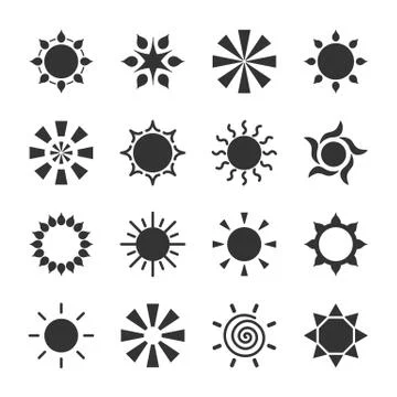 Set of stylized sun logotype. Icon of sun, star, flower. Isolated black logo  Stock Illustration