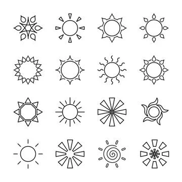Set of stylized sun logotype. Line icon of sun, star, flower. Isolated black  Stock Illustration