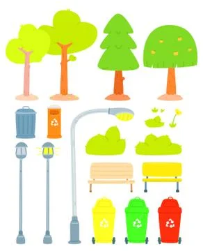 Set of stylized tree and public park element on white background, Urban outdo Stock Illustration