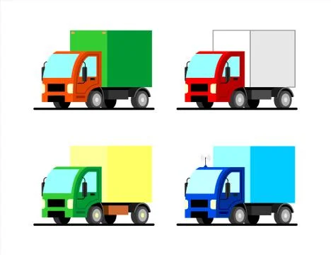 Set of stylized vector small trucks of different colors. Truck with an antenn Stock Illustration