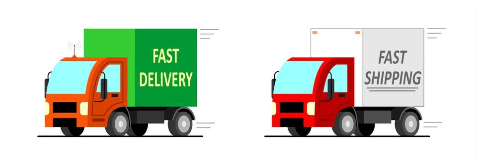 Set of stylized vector small trucks. Truck with an antenna and the inscriptio Stock Illustration