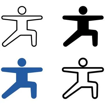 A Set of Stylized Warrior Yoga Pose Icons in Various Graphical Styles and C.. Stock Illustration