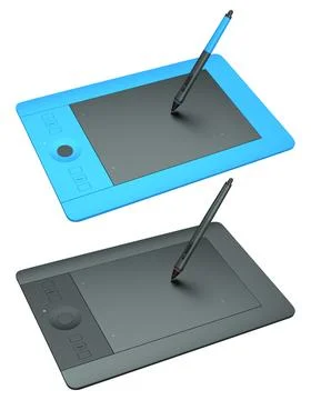Set of stylus graphic tablets shown in top and angled view, isolated on white Stock Illustration