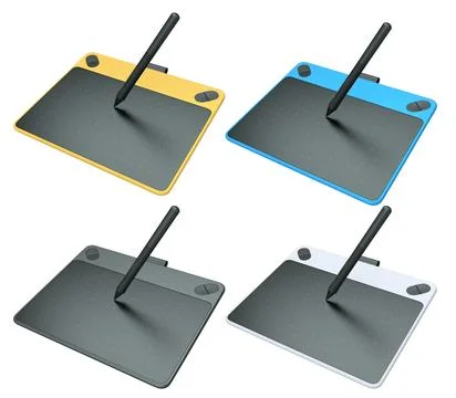 Set of stylus graphic tablets shown in top and angled view, isolated on white Illustrazione stock