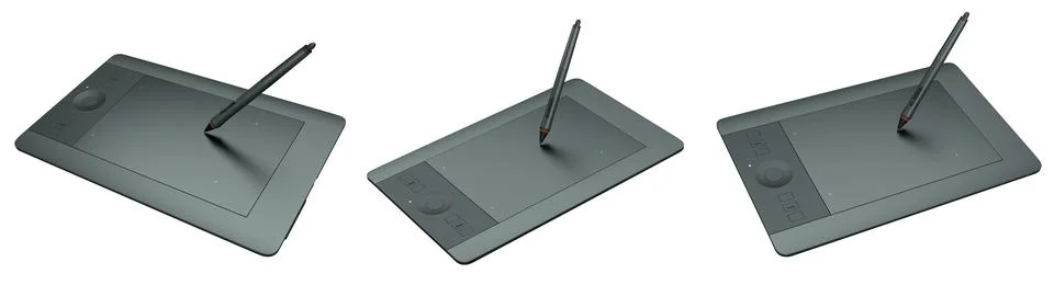 Set of stylus graphic tablets shown in top and angled view, isolated on white Stock-Illustration