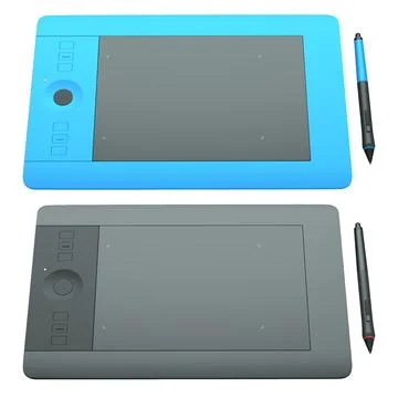 Set of stylus graphic tablets shown in top and angled view, isolated on white Illustrazione stock