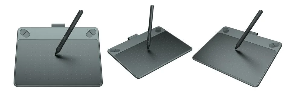 Set of stylus graphic tablets shown in top and angled view, isolated on whi.. Illustrazione stock