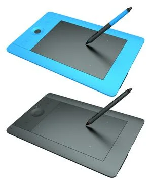 Set of stylus graphic tablets shown in top and angled view, isolated on whi.. Stock Illustration