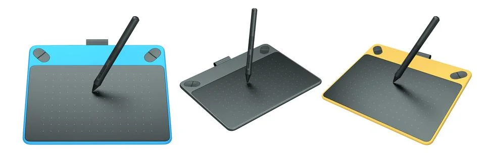 Set of stylus graphic tablets shown in top and angled view, isolated on white Stock Illustration