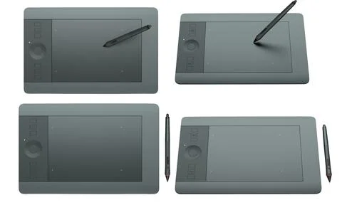 Set of stylus graphic tablets shown in top and angled view, isolated on white Illustrazione stock
