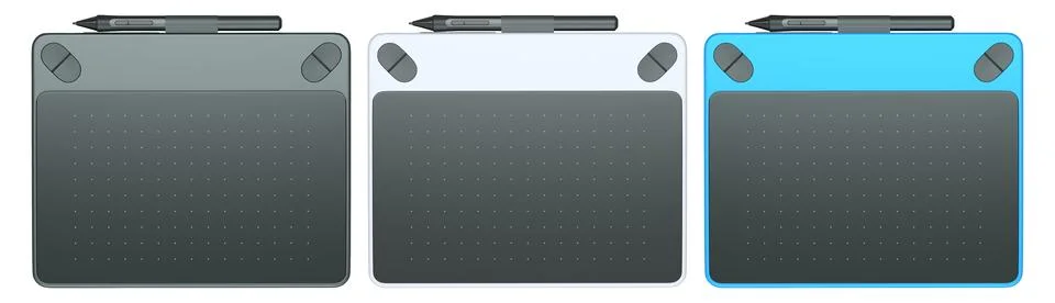 Set of stylus graphic tablets shown in top and angled view, isolated on whi.. Illustrazione stock