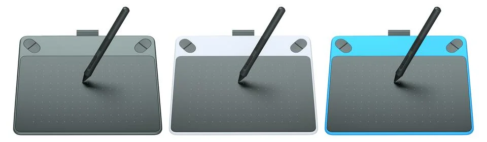 Set of stylus graphic tablets shown in top and angled view, isolated on whi.. Illustrazione stock