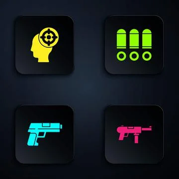 Set Submachine gun M3, Target sport, Pistol and Bullet. Black square button Illustrazione stock