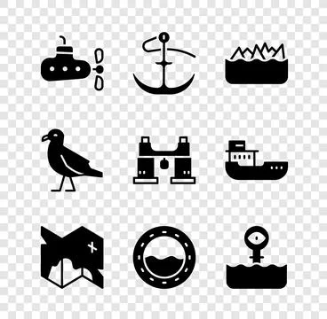 Set Submarine, Anchor, Sharp stone reefs, Pirate treasure map, Ship porthol.. Stock Illustration