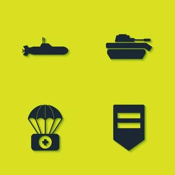 Set Submarine, Chevron, Parachute with first aid kit and Military tank icon.  Illustrazione stock