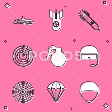 Set Submarine, Nuclear bomb, Biohazard rocket, Radar with targets, Hand ...