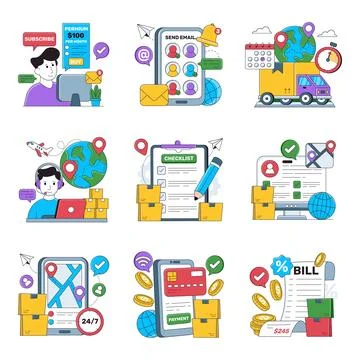 Set of Subscription and Logistic Flat Illustrations Stock Illustration