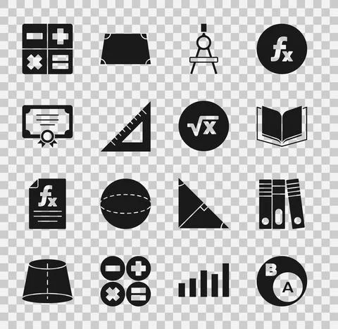 Set Subsets, math, a is subset of b, Office folders, Open book, Drawing compass Stock Illustration