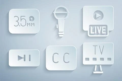 Set Subtitles, Live stream, Pause button, Smart Tv, Microphone and Audio jack Stock Illustration