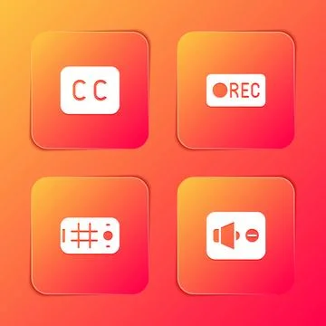 Set Subtitles, Record button, Selfie mobile and Speaker mute icon. Vector Illustrazione stock