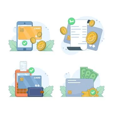 Set of successful payment icons featuring credit card, e-wallet transfer. Ilustración de archivo