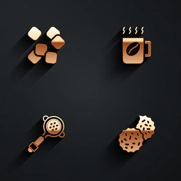 Set Sugar cubes, Coffee cup, filter holder and Cookie or biscuit icon with long Stock Illustration