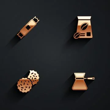 Set Sugar stick packets, Bag of coffee beans, Cookie or biscuit and Coffee tu Stock Illustration