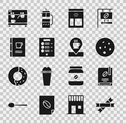Set Sugar stick packets, Coffee book, Cookie or biscuit, Bag coffee beans, menu Stock Illustration