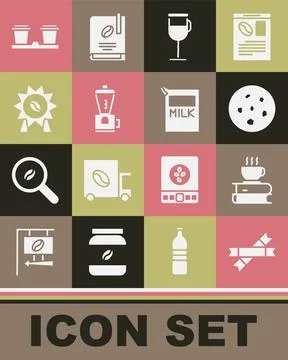 Set Sugar stick packets, Coffee cup and book, Cookie or biscuit, Irish coffee Stock Illustration