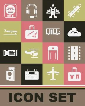 Set Suitcase, Airport runway, Cloud weather, Jet fighter, Plane, Attitude Stock Illustration