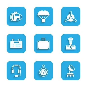 Set Suitcase, Barometer, Radar, Pilot, Headphones with microphone, Airport board Stock Illustration